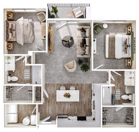 Floor plan for 2 beds, 2 baths, 1046 sqft